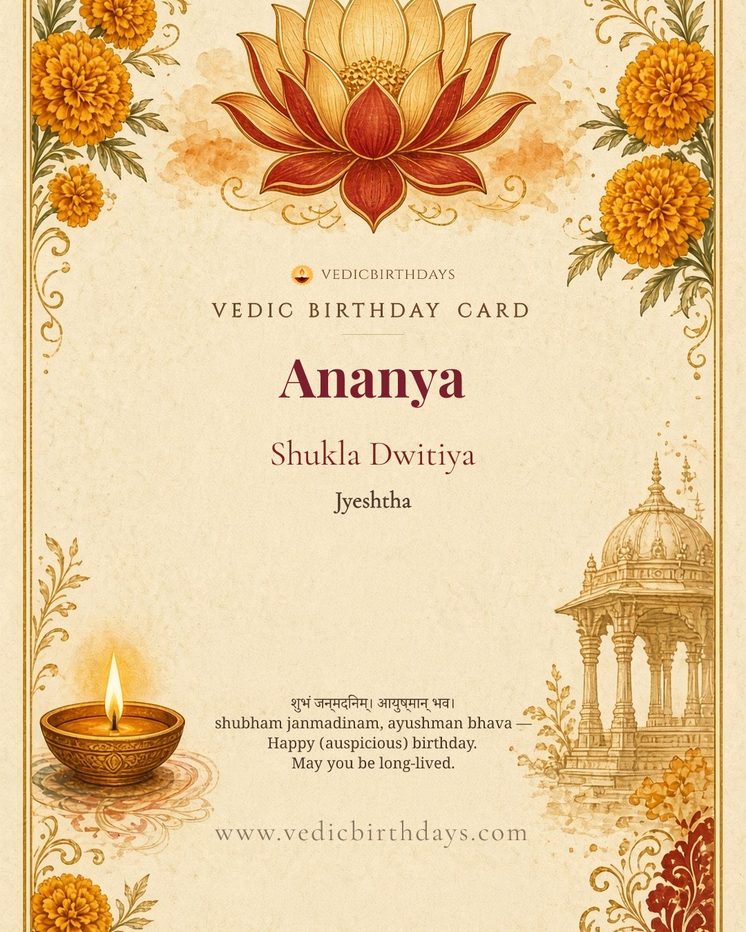 Vedic birthday card for Ananya, Jyeshtha Shukla Dwitiya